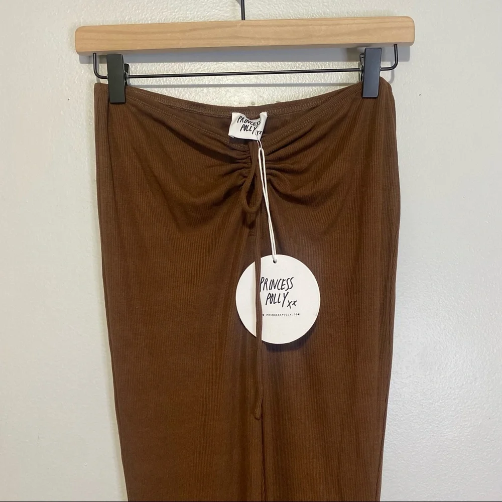 NWT Princess Polly Imogen Pants Tan Ribbed Drawstring Ruched Boot Cut Y2K Sz 6 - Picture 2 of 7